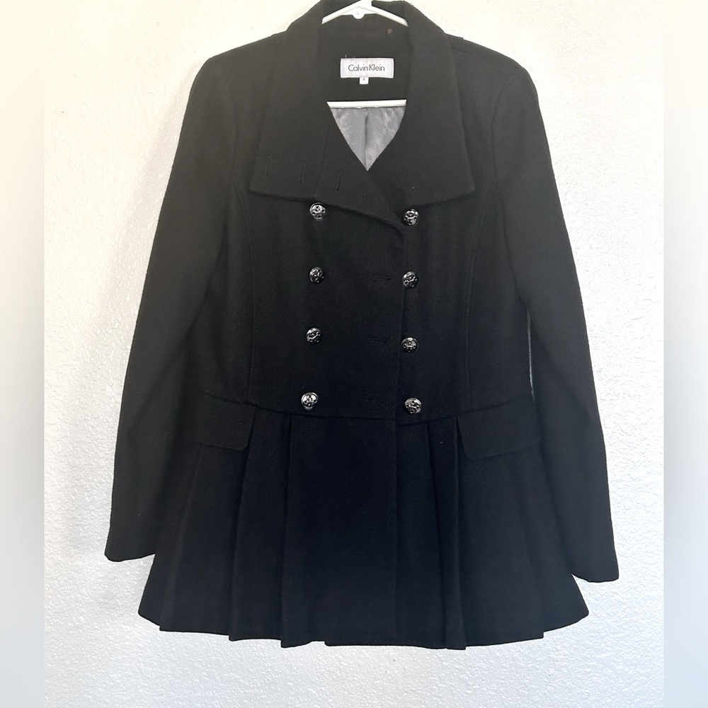 Calvin Klein Double Breasted Pleated Wool Black Coat/Jacket size 6